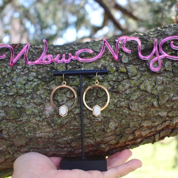New Anthro Gold Druzy Sparkle Hoops Drop Earrings - Picture 8 of 12